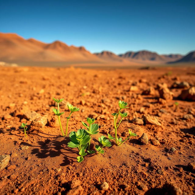 A striking scene on the surface of Mars featuring bright green sprouts emerging from the red, rocky Martian soil