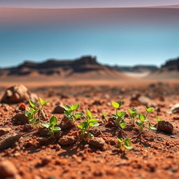 A striking scene on the surface of Mars featuring bright green sprouts emerging from the red, rocky Martian soil