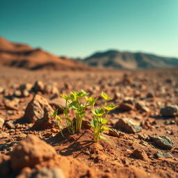 A striking scene on the surface of Mars featuring bright green sprouts emerging from the red, rocky Martian soil