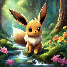 A digital art of Eevee with oversized fluffy ears exploring a lush forest, surrounded by tall trees, colorful flowers and a small stream