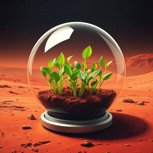 An artistic poster design featuring a glass sphere encapsulating vibrant green sprouts growing on the surface of Mars