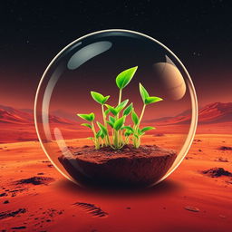 An artistic poster design featuring a glass sphere encapsulating vibrant green sprouts growing on the surface of Mars