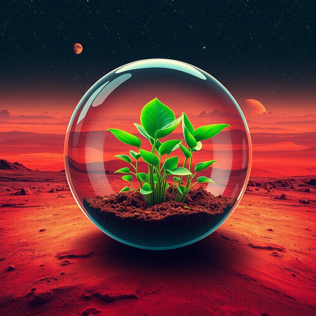 An artistic poster design featuring a glass sphere encapsulating vibrant green sprouts growing on the surface of Mars