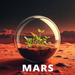 An artistic poster design featuring a glass sphere encapsulating vibrant green sprouts growing on the surface of Mars