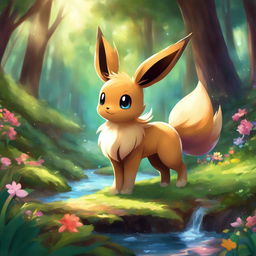 A digital art of Eevee with oversized fluffy ears exploring a lush forest, surrounded by tall trees, colorful flowers and a small stream