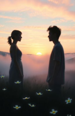 A surreal landscape depicting the concept of 'the unspoken drift', featuring ethereal mist enveloping a serene meadow
