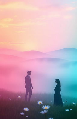 A surreal landscape depicting the concept of 'the unspoken drift', featuring ethereal mist enveloping a serene meadow