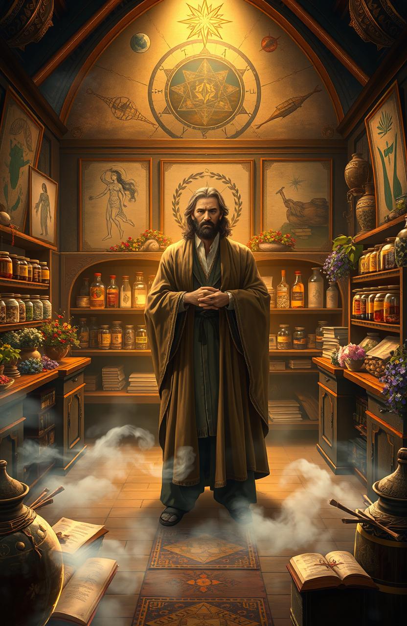 An artistic depiction of a prophetic medicine scene, featuring a traditional apothecary filled with jars and herbs