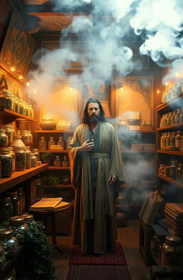 An artistic depiction of a prophetic medicine scene, featuring a traditional apothecary filled with jars and herbs