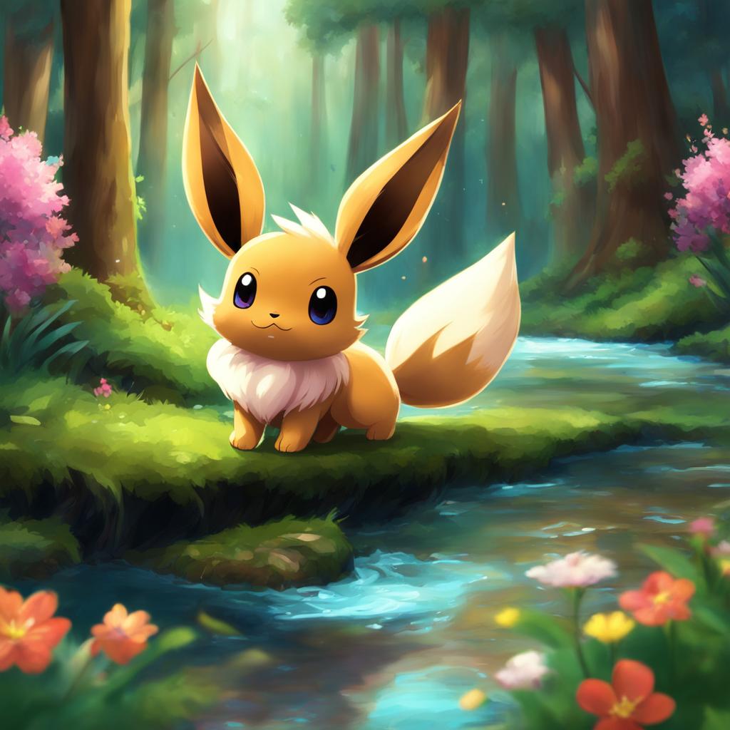 A digital art of Eevee with oversized fluffy ears exploring a lush forest, surrounded by tall trees, colorful flowers and a small stream