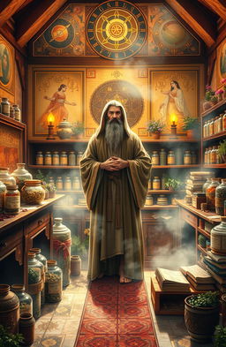 An artistic depiction of a prophetic medicine scene, featuring a traditional apothecary filled with jars and herbs
