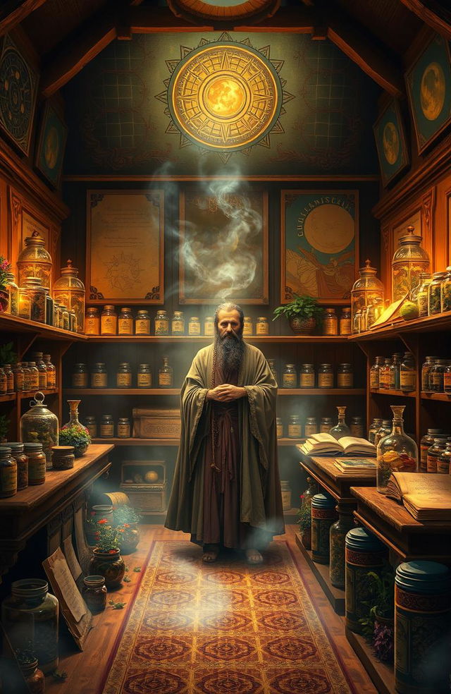 An artistic depiction of a prophetic medicine scene, featuring a traditional apothecary filled with jars and herbs