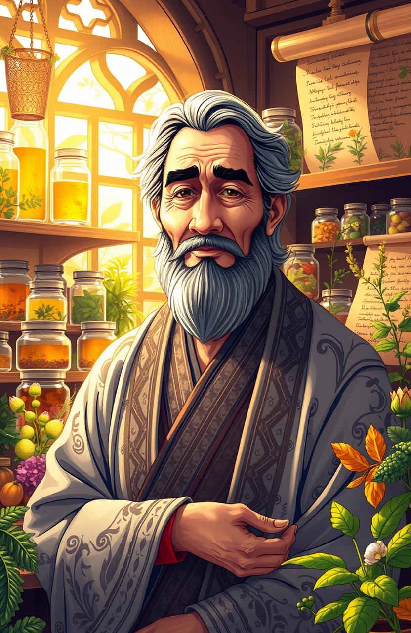 A beautifully illustrated representation of prophetic medicine, showcasing a serene and tranquil scene where a knowledgeable healer is surrounded by various herbs and natural remedies