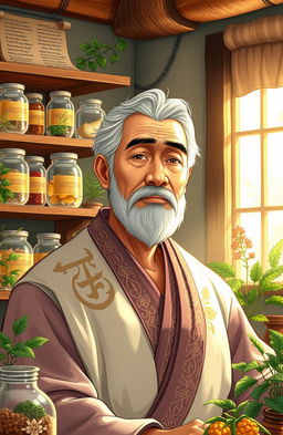 A beautifully illustrated representation of prophetic medicine, showcasing a serene and tranquil scene where a knowledgeable healer is surrounded by various herbs and natural remedies