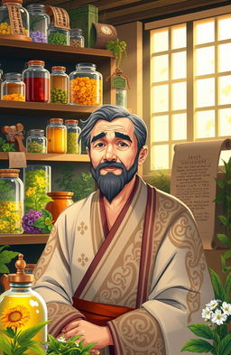 A beautifully illustrated representation of prophetic medicine, showcasing a serene and tranquil scene where a knowledgeable healer is surrounded by various herbs and natural remedies