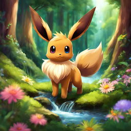 A digital art of Eevee with oversized fluffy ears exploring a lush forest, surrounded by tall trees, colorful flowers and a small stream