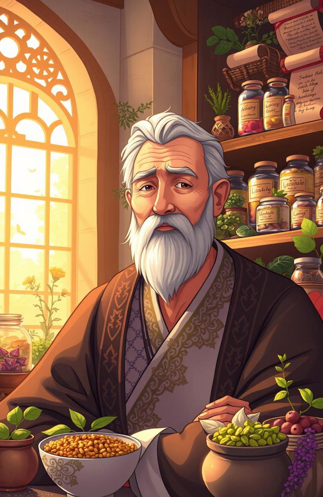 A beautifully illustrated representation of prophetic medicine, showcasing a serene and tranquil scene where a knowledgeable healer is surrounded by various herbs and natural remedies