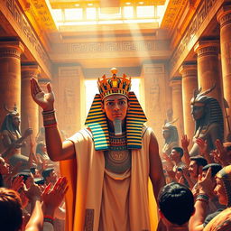A vibrant scene depicting the coronation ceremony of Pharaoh Khufu, showcasing him adorned with regal attire, including a golden crown and a flowing ceremonial robe