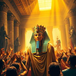 A vibrant scene depicting the coronation ceremony of Pharaoh Khufu, showcasing him adorned with regal attire, including a golden crown and a flowing ceremonial robe