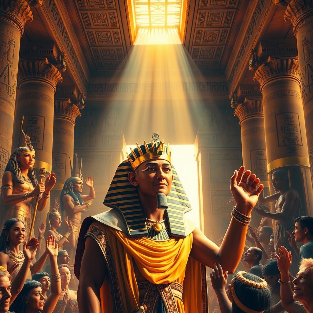 A vibrant scene depicting the coronation ceremony of Pharaoh Khufu, showcasing him adorned with regal attire, including a golden crown and a flowing ceremonial robe