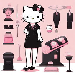 Hello Kitty personifying a funeral director and mortician, looking dignified in heels and a black dress contrasted by pink accents