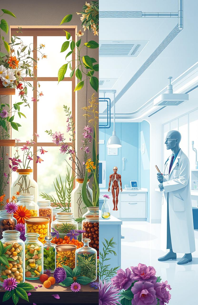 An artistic representation of the contrast between herbal medicine and western medicine