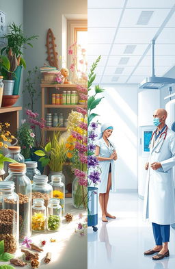 An artistic representation of the contrast between herbal medicine and western medicine