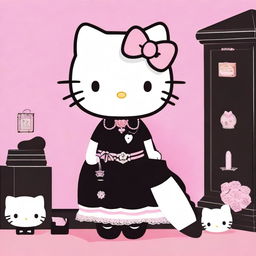 Hello Kitty personifying a funeral director and mortician, looking dignified in heels and a black dress contrasted by pink accents