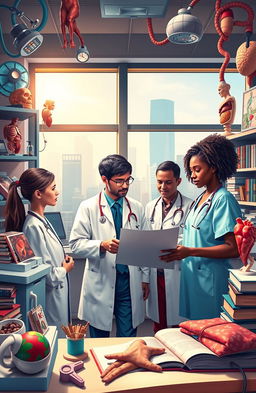 An intricate and colorful representation of various aspects of medicine, including a modern doctor's office filled with medical equipment, anatomical models, and books on medical science
