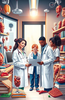 An intricate and colorful representation of various aspects of medicine, including a modern doctor's office filled with medical equipment, anatomical models, and books on medical science