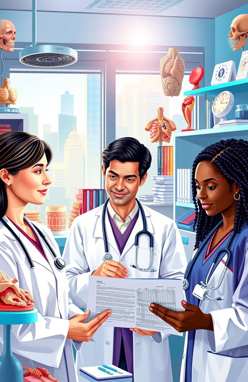 An intricate and colorful representation of various aspects of medicine, including a modern doctor's office filled with medical equipment, anatomical models, and books on medical science