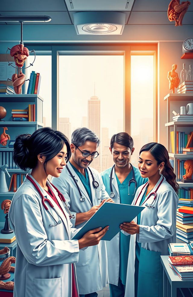 An intricate and colorful representation of various aspects of medicine, including a modern doctor's office filled with medical equipment, anatomical models, and books on medical science