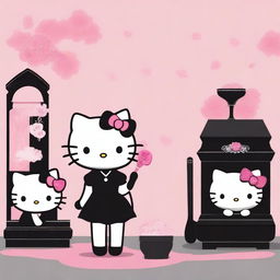 Hello Kitty personifying a funeral director and mortician, looking dignified in heels and a black dress contrasted by pink accents