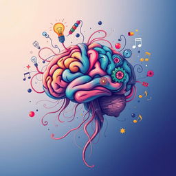 An intricate and artistic illustration of a human brain, showcasing vibrant colors and creative patterns that represent thoughts and ideas