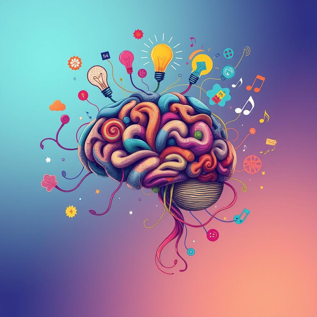 An intricate and artistic illustration of a human brain, showcasing vibrant colors and creative patterns that represent thoughts and ideas