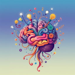 An intricate and artistic illustration of a human brain, showcasing vibrant colors and creative patterns that represent thoughts and ideas
