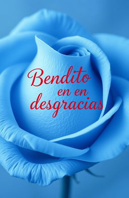 A beautiful blue rose with delicate petals, elegantly arranged, featuring the phrase 'Bendito en desgracias' artistically integrated into the design, surrounded by a soft, dreamy background that enhances the ethereal quality of the rose