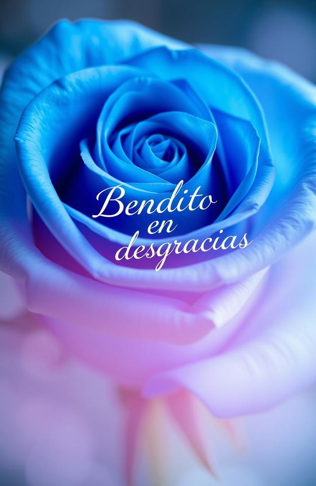 A beautiful blue rose with delicate petals, elegantly arranged, featuring the phrase 'Bendito en desgracias' artistically integrated into the design, surrounded by a soft, dreamy background that enhances the ethereal quality of the rose