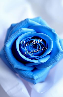 A beautiful blue rose with delicate petals, elegantly arranged, featuring the phrase 'Bendito en desgracias' artistically integrated into the design, surrounded by a soft, dreamy background that enhances the ethereal quality of the rose