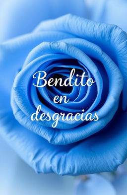 A beautiful blue rose with delicate petals, elegantly arranged, featuring the phrase 'Bendito en desgracias' artistically integrated into the design, surrounded by a soft, dreamy background that enhances the ethereal quality of the rose