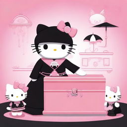 Hello Kitty personifying a funeral director and mortician, looking dignified in heels and a black dress contrasted by pink accents