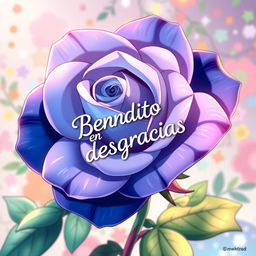 A stunning blue rose in anime style, featuring beautifully detailed petals and vibrant colors, with the phrase 'Bendito en desgracias' artistically blended into the scene, set against a whimsical and colorful background that captures the essence of anime art