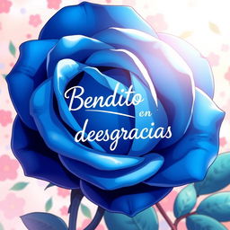 A stunning blue rose in anime style, featuring beautifully detailed petals and vibrant colors, with the phrase 'Bendito en desgracias' artistically blended into the scene, set against a whimsical and colorful background that captures the essence of anime art