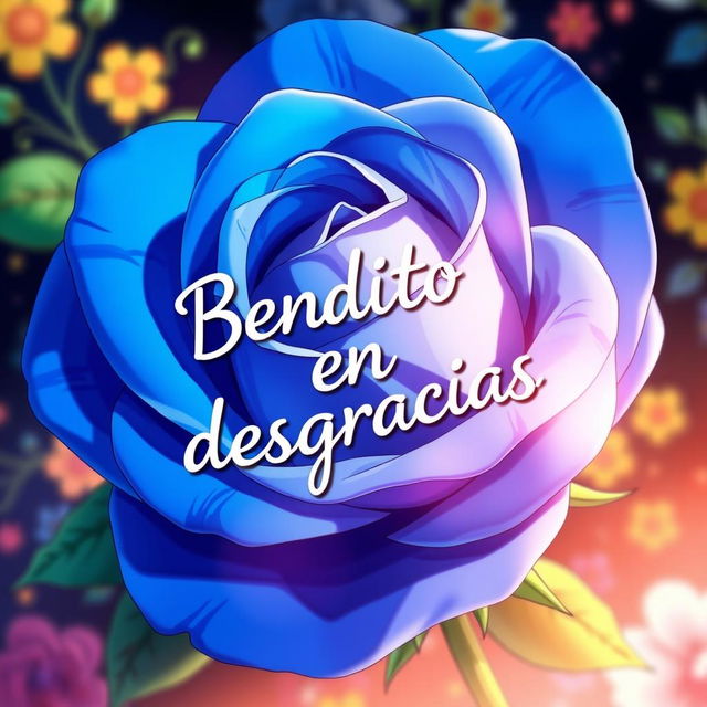 A stunning blue rose in anime style, featuring beautifully detailed petals and vibrant colors, with the phrase 'Bendito en desgracias' artistically blended into the scene, set against a whimsical and colorful background that captures the essence of anime art