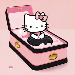 A serene and peaceful image of Hello Kitty resting in a pink coffin, dressed in a black dress with her arms crossed over her chest