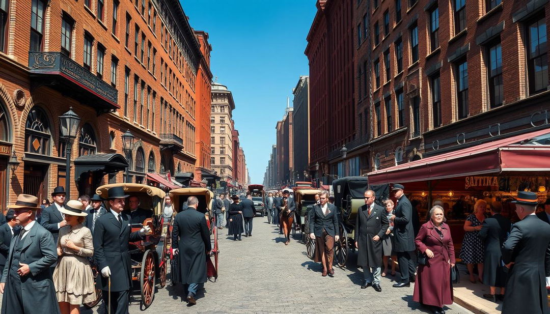 A bustling street scene in 1880s New York City, filled with horse-drawn carriages and elegantly dressed pedestrians in period-appropriate attire such as bowler hats, long coats, and long dresses