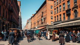 A bustling street scene in 1880s New York City, filled with horse-drawn carriages and elegantly dressed pedestrians in period-appropriate attire such as bowler hats, long coats, and long dresses