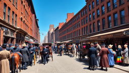 A bustling street scene in 1880s New York City, filled with horse-drawn carriages and elegantly dressed pedestrians in period-appropriate attire such as bowler hats, long coats, and long dresses