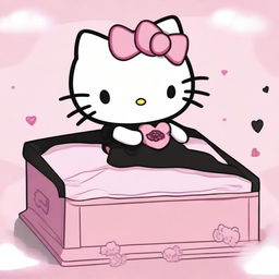 A serene and peaceful image of Hello Kitty resting in a pink coffin, dressed in a black dress with her arms crossed over her chest