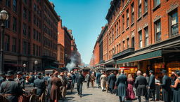 A bustling street scene in 1880s New York City, filled with horse-drawn carriages and elegantly dressed pedestrians in period-appropriate attire such as bowler hats, long coats, and long dresses